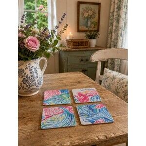 Set Of 4 Handmade Beachy Coastal Hostess Coasters Entertaining Southern Preppy